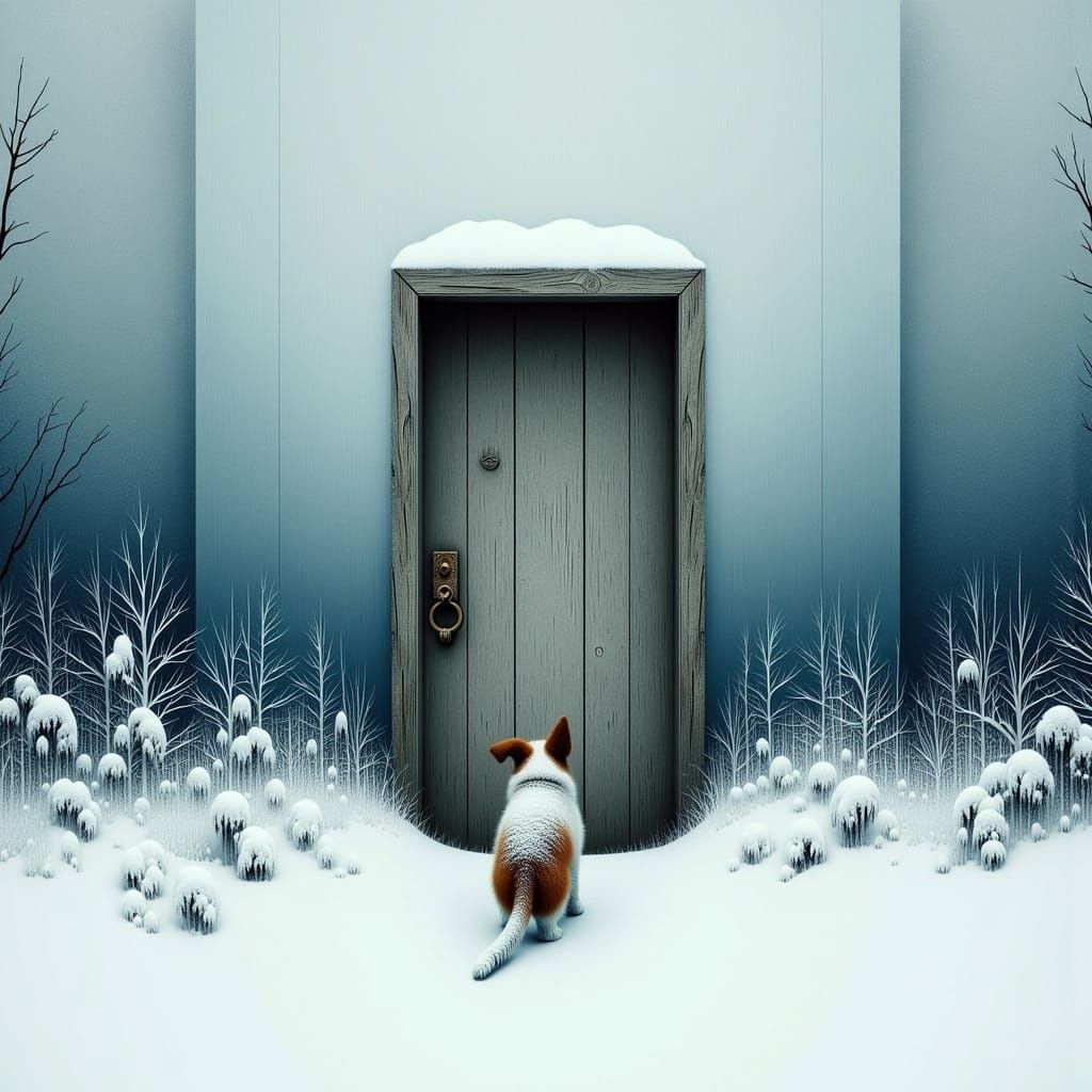 Rustic Door in Snowy Landscape with Terrier