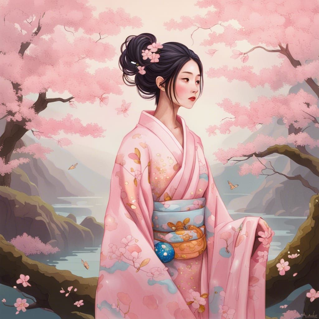Woman in Kimono in Cherry Blossom Forest