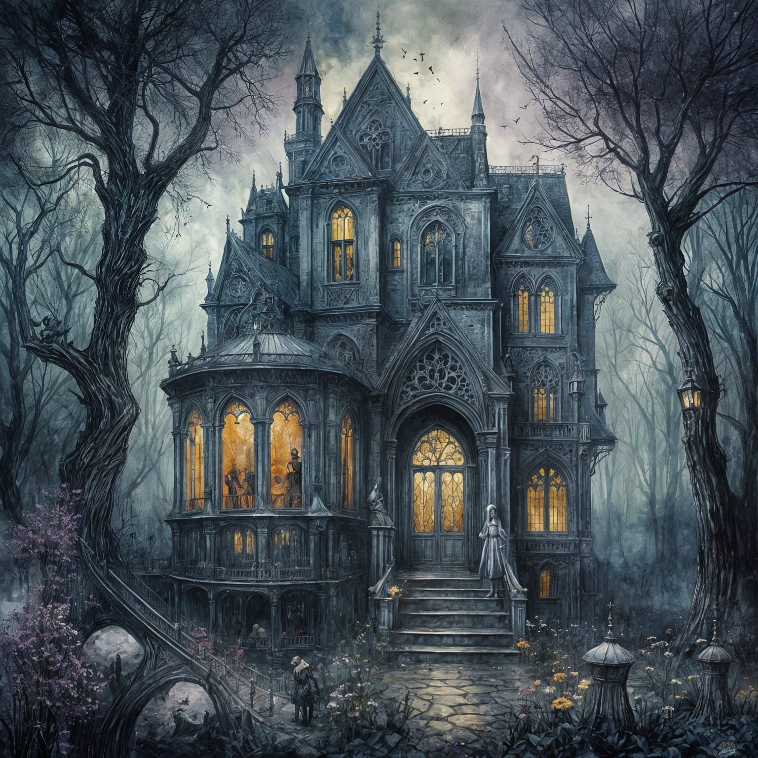 Gothic Double Exposure Drawing with Intricate Details