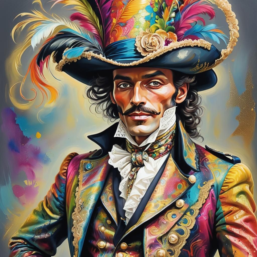 A flamboyant Georgian Dandy in wildly colourful sparkling fabrics, fancy walking staff, lace collar and cuffs and a larg...