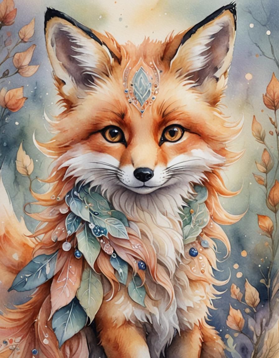Whimsical Watercolor Chibi Fox Portrait