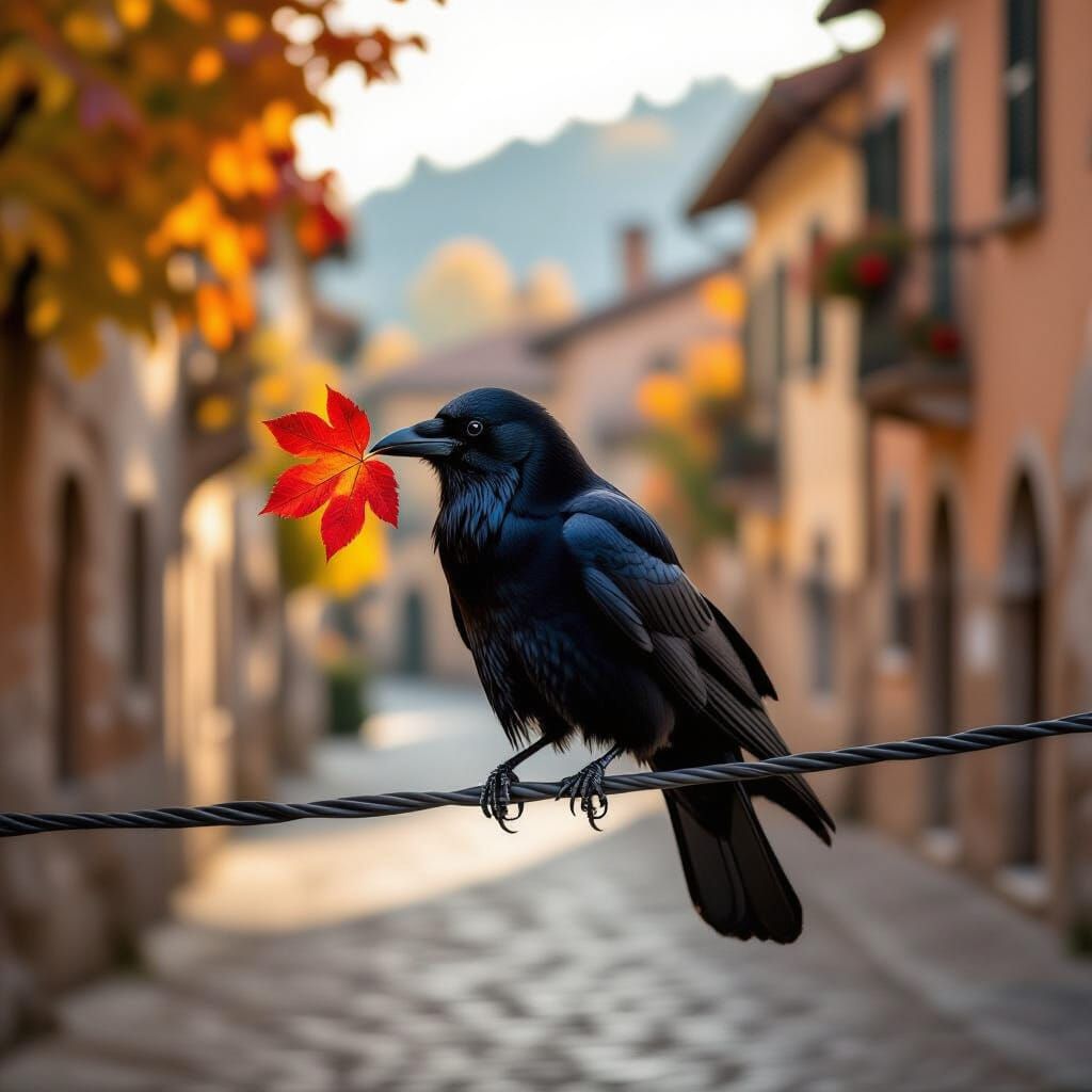 Black Crow Holds Red Leaf in Italian Town