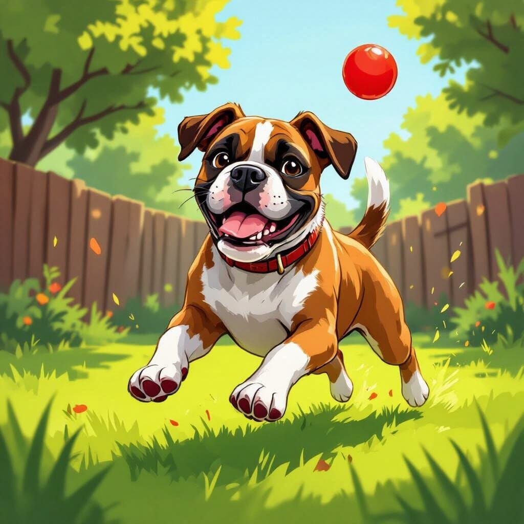 Playful Boxer Dog Leaping for Ball in Sunny Yard