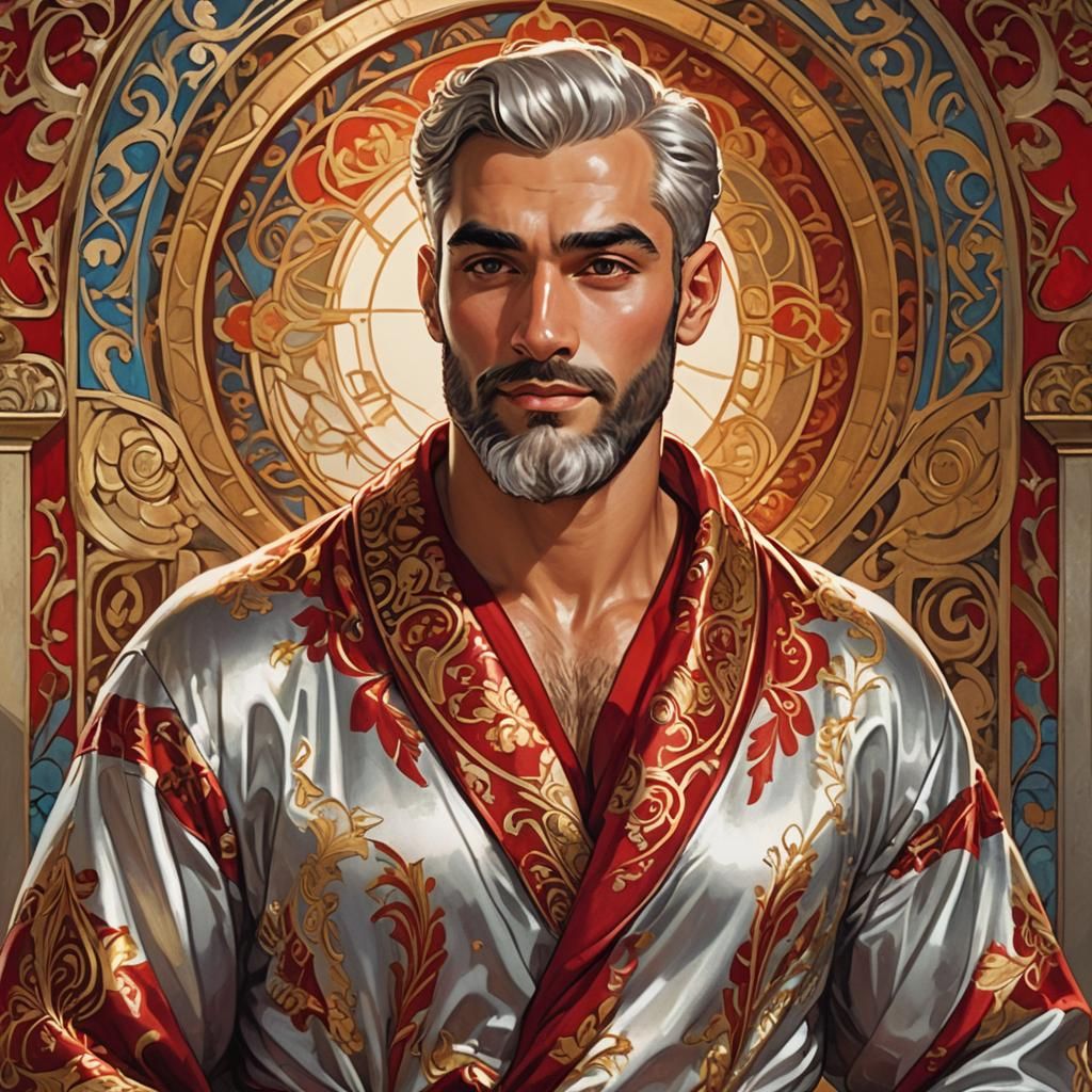 Radiant Man in Red Robe, Art Nouveau Impasto Painting