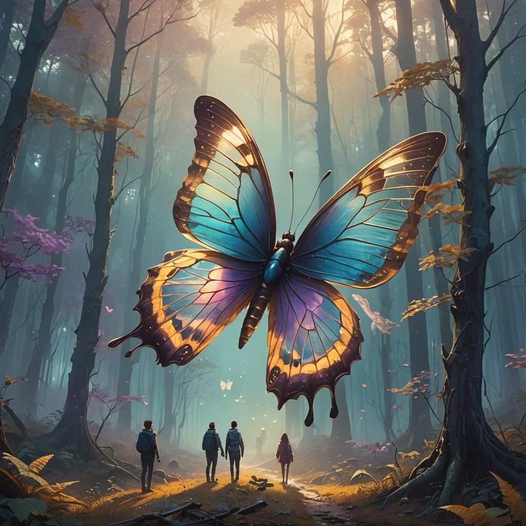 Iridescent Butterfly Flight Through Dreamlike Forest