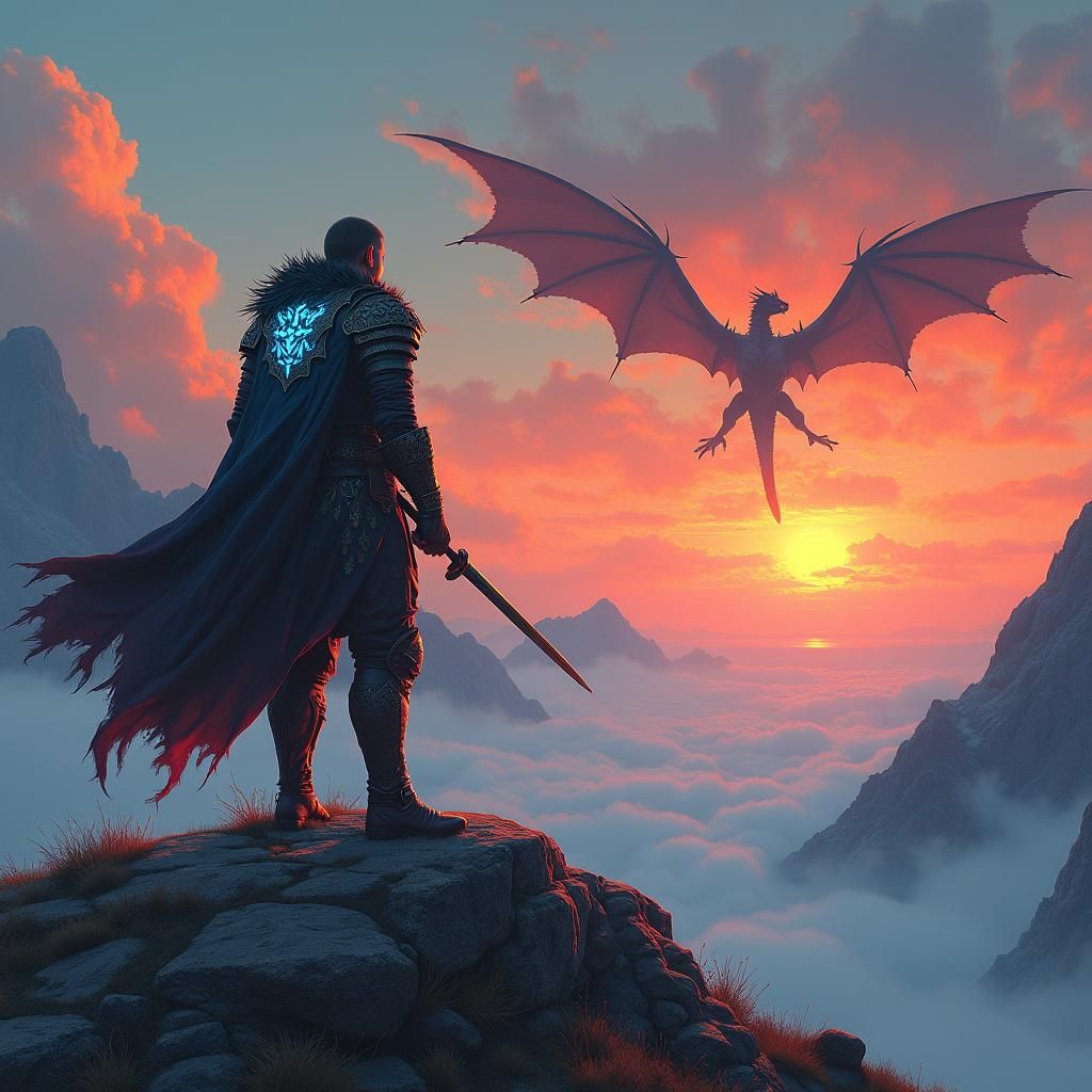 Dragon Hunter at Sunset: High-Fantasy Concept Art