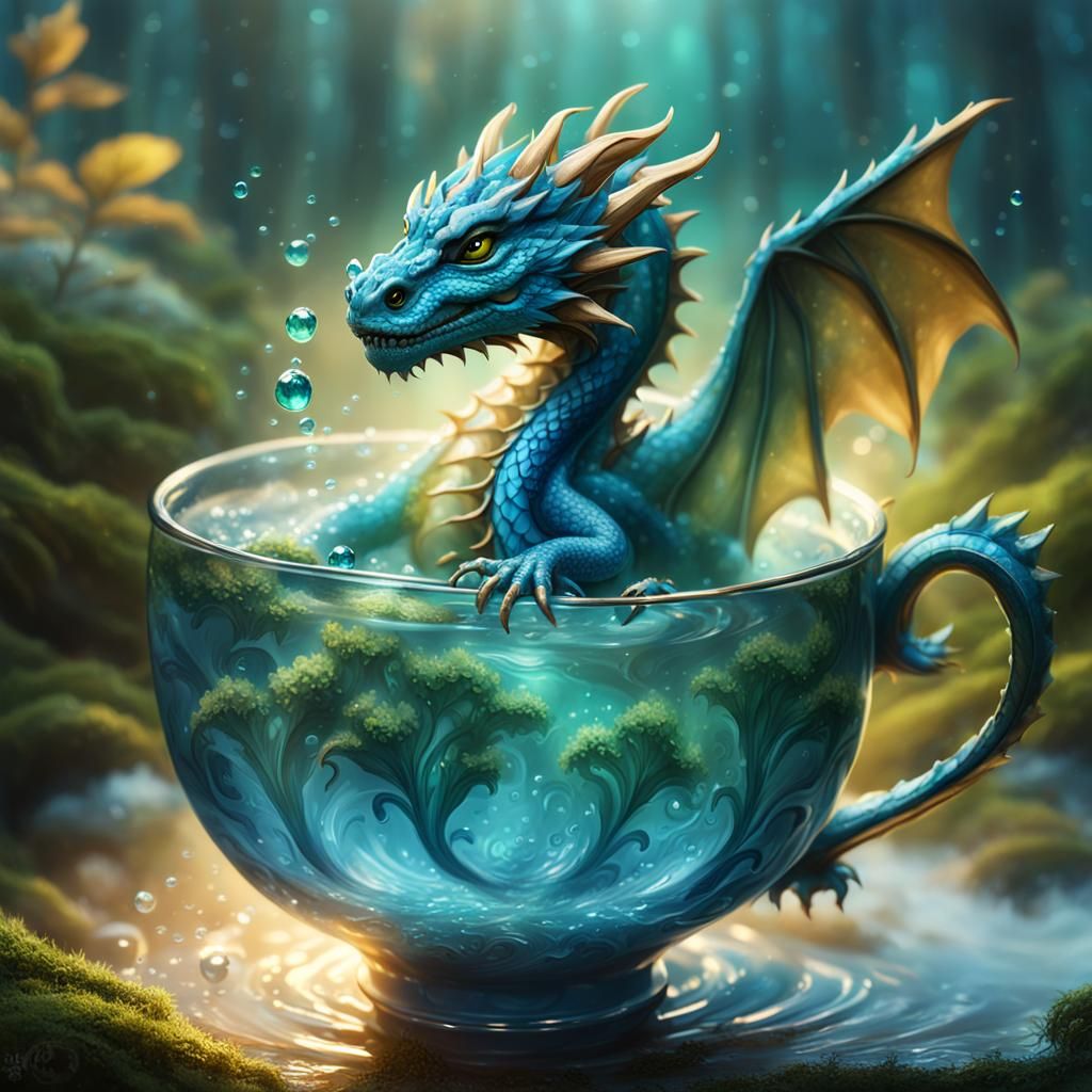 Baby Blue Dragon in Teacup: Whimsical Art Nouveau