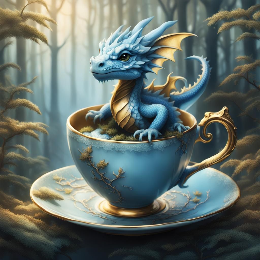 Tiny Blue Dragon in Teacup Matte Painting