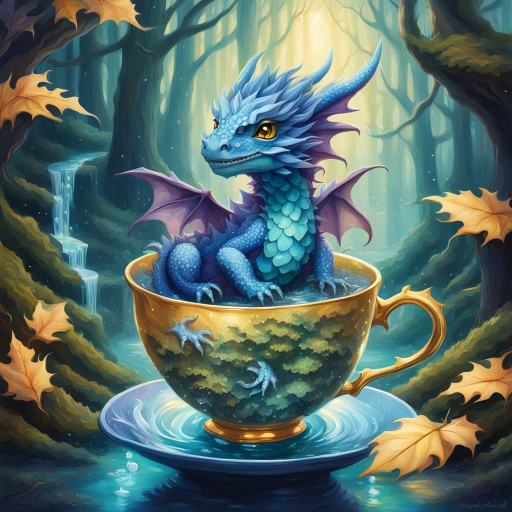 Enchanting Baby Dragon in Teacup: Fantasy Illustration