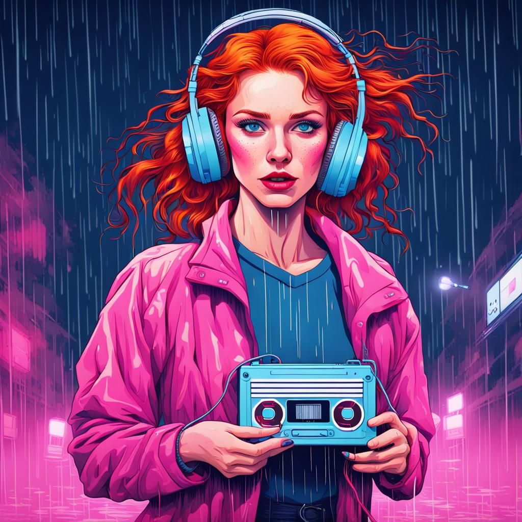 Redhead Woman Running in Rain with Walkman