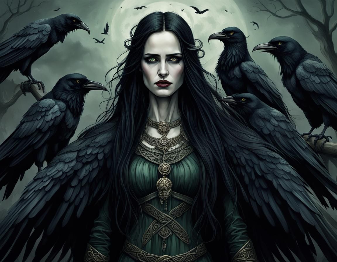 Morrigan, the Celtic goddess of war, whole body image, symme...