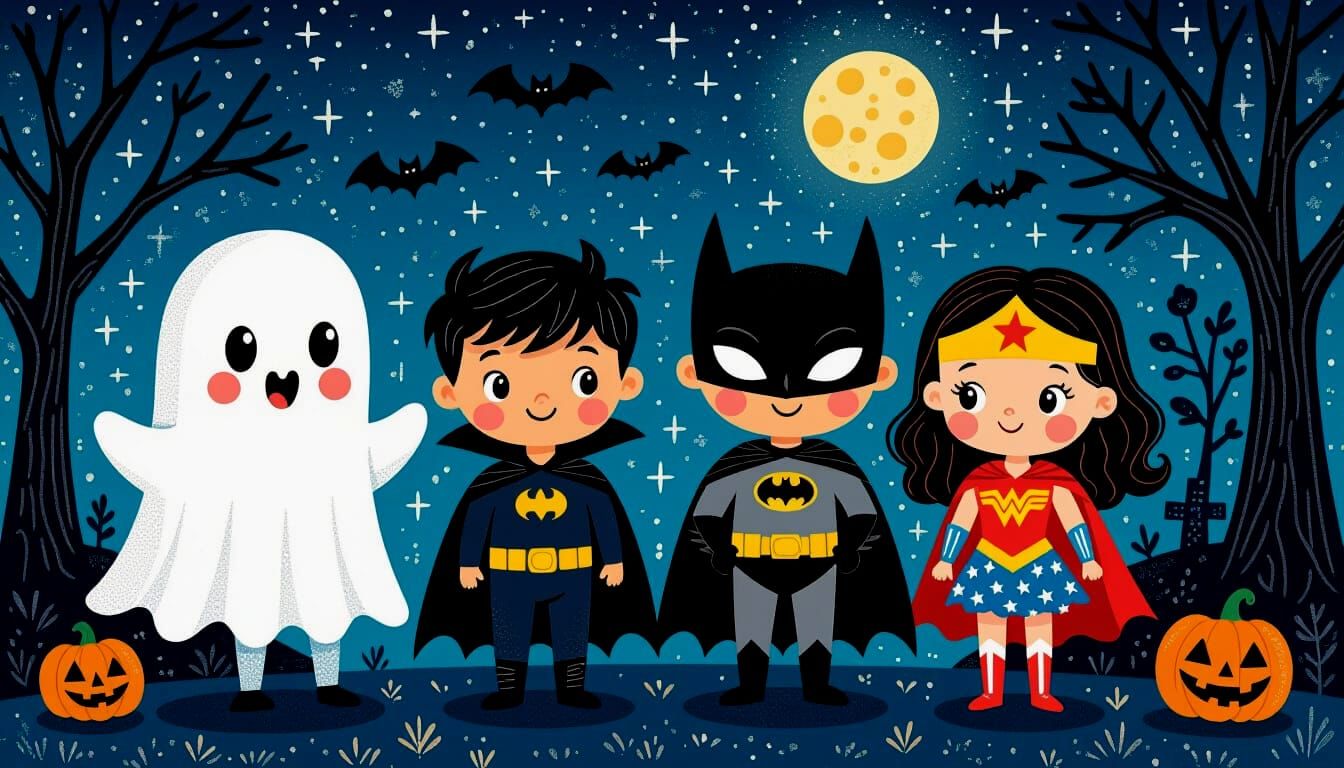 Adorable Children in Halloween Costumes, Zentangle Style