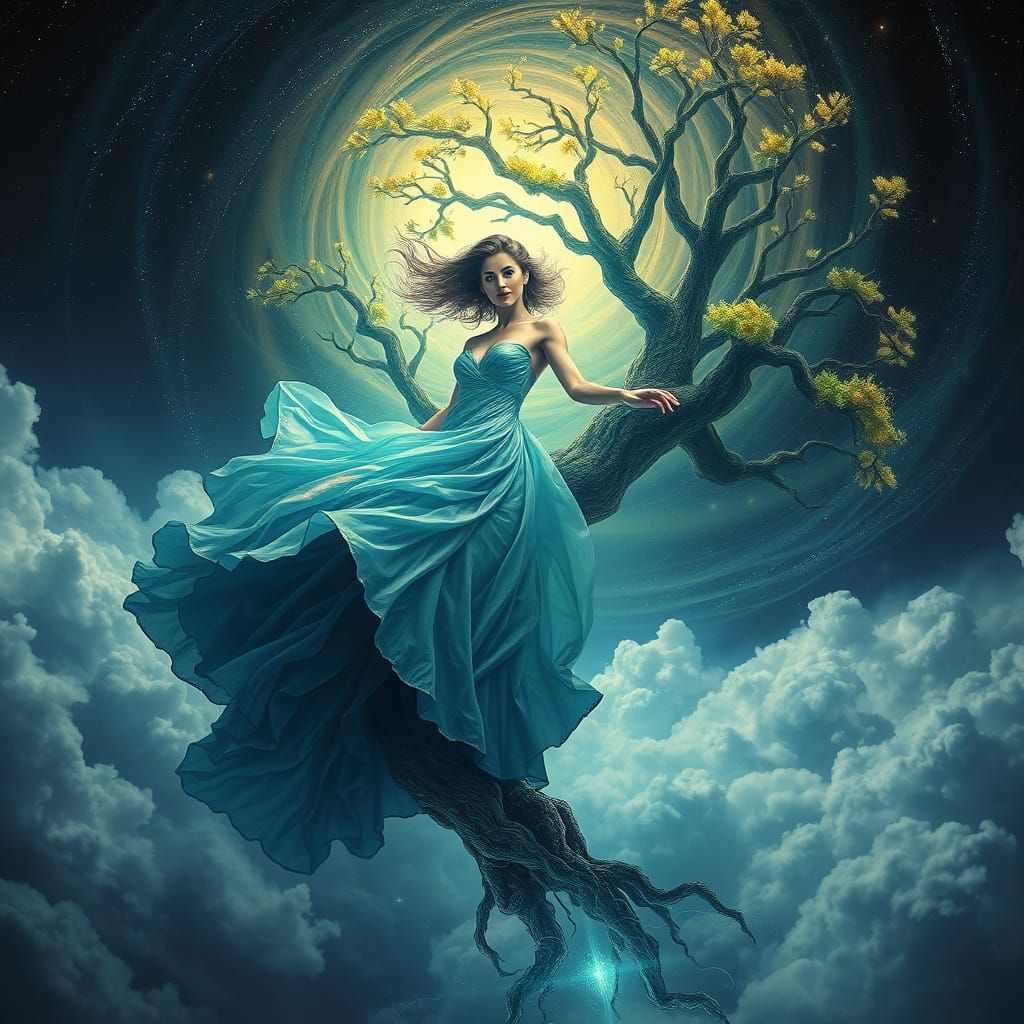 Ethereal Goddess Ascends Amidst Celestial Vortex