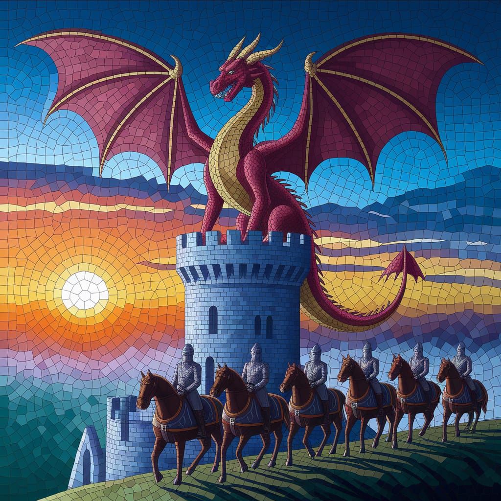 Golden Dragon Majestically Dominates Medieval Castle Mosaic