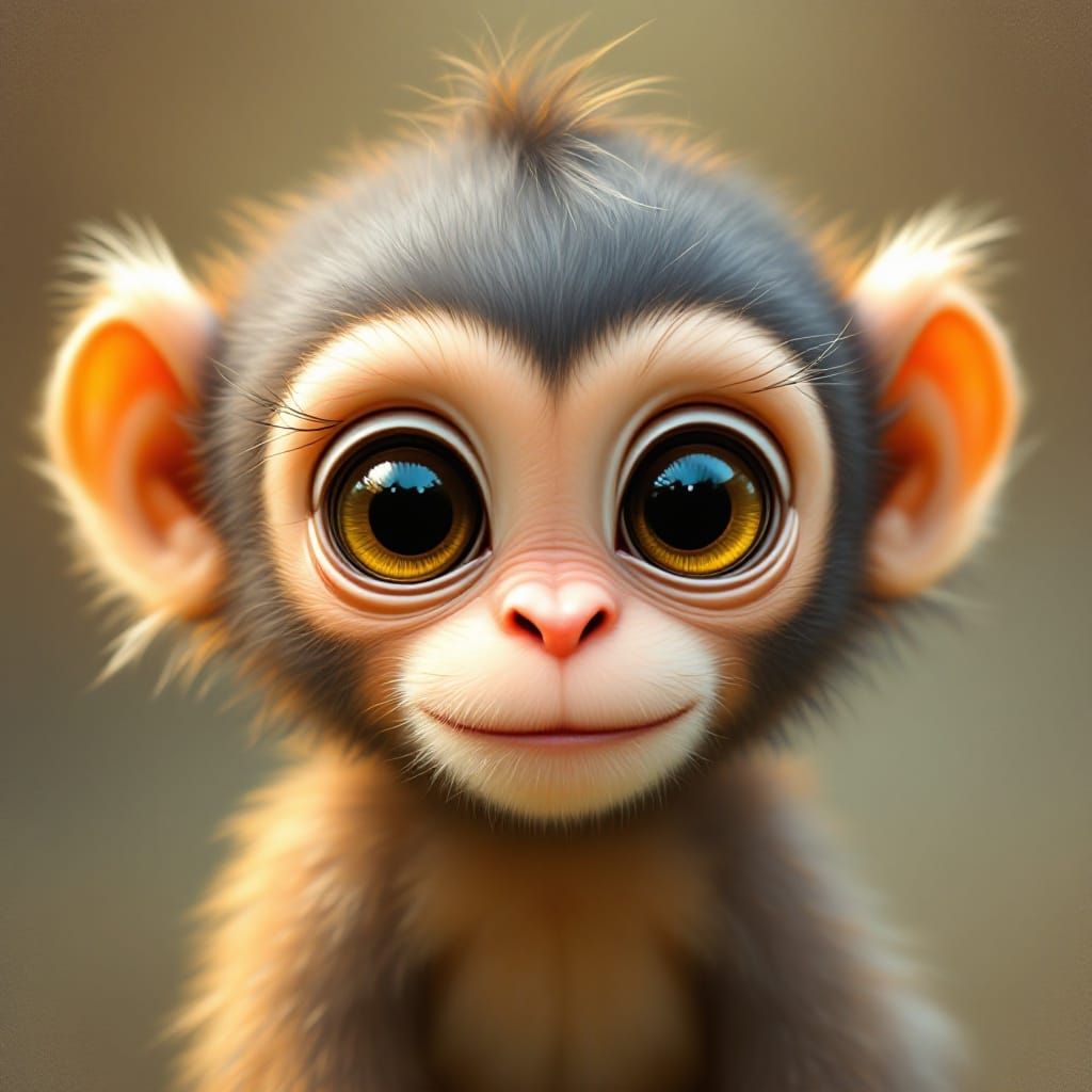 Cute Baby Monkey with Oversized Eyes in Whimsical Watercolor...