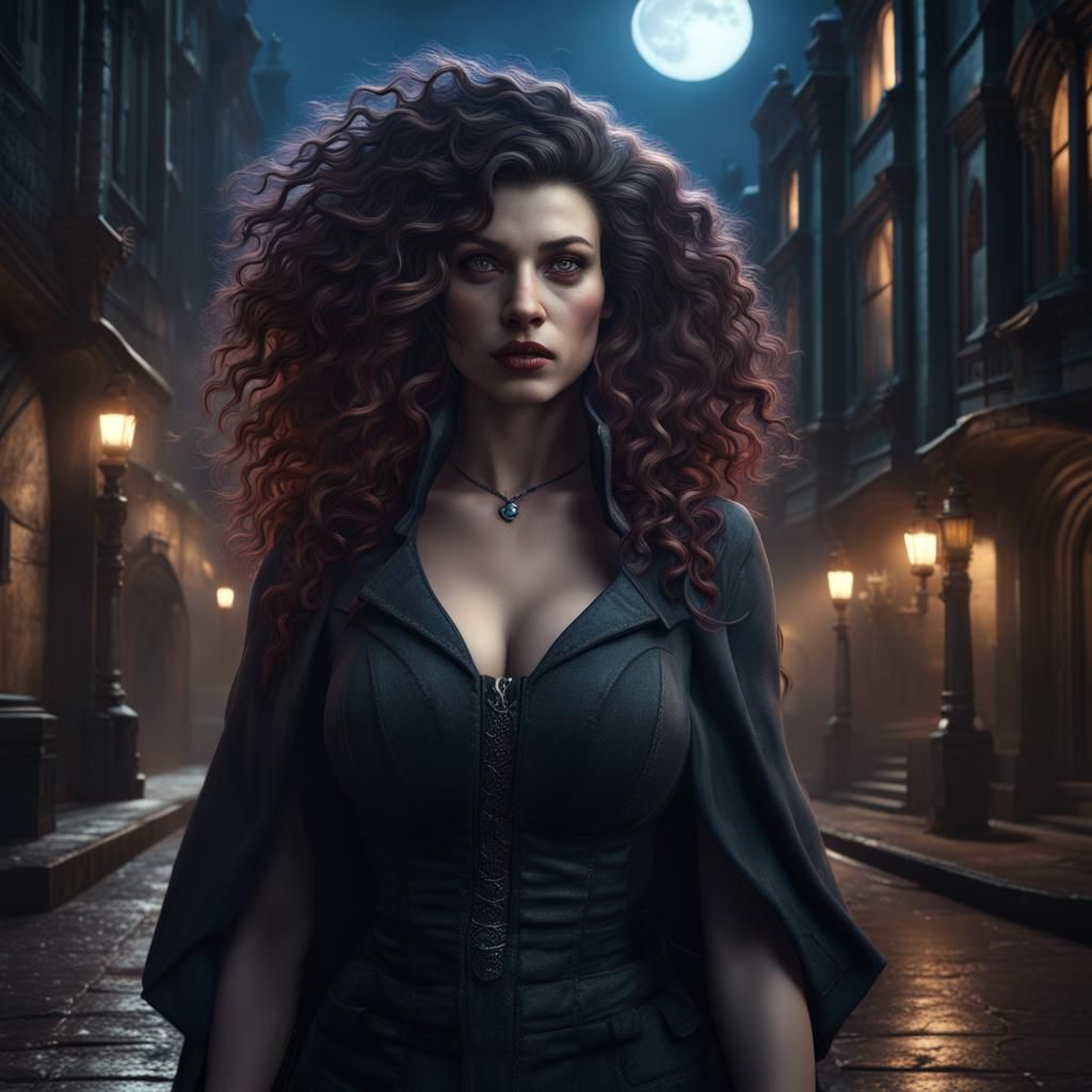 Gothic Brunette in Dark City, Matte Painting
