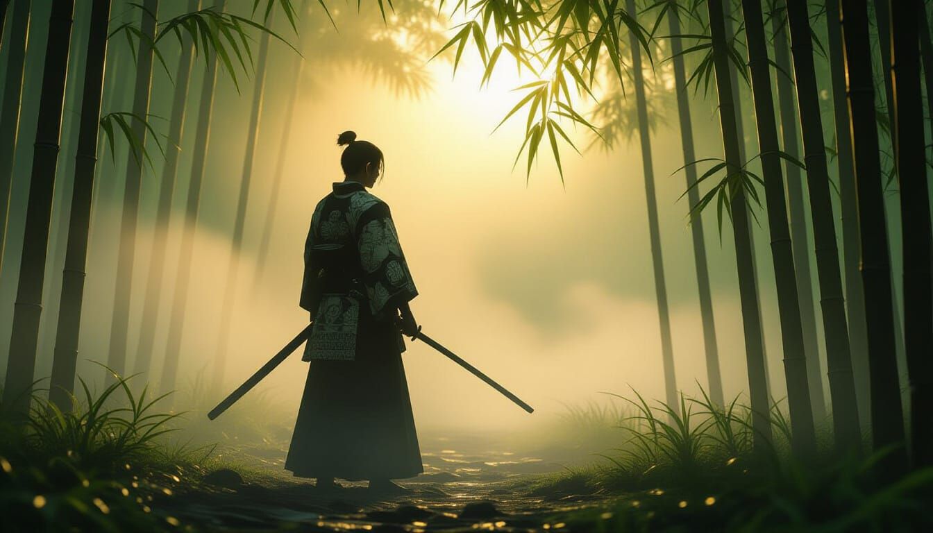 Lone Samurai in Misty Bamboo Forest at Dawn