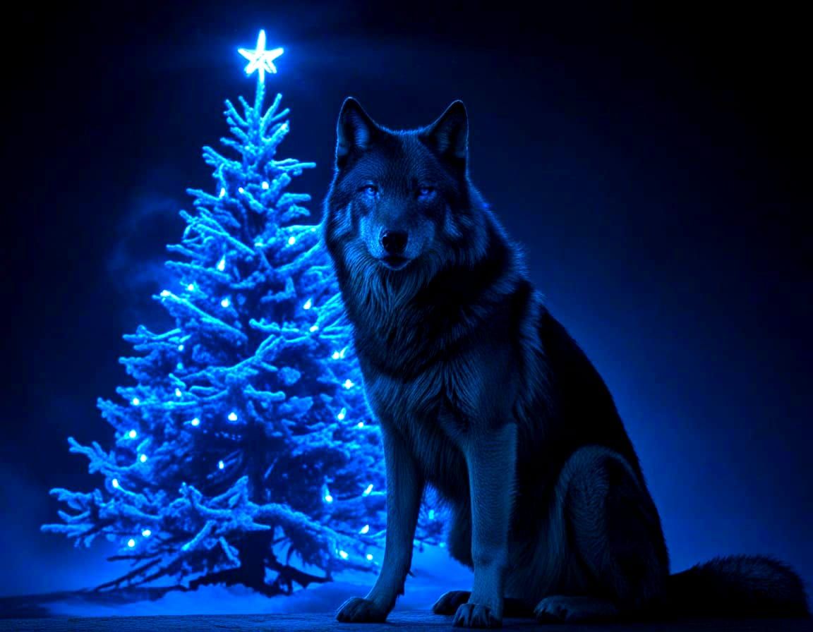 Majestic Wolf With Christmas Tree, Dark Gothic Style