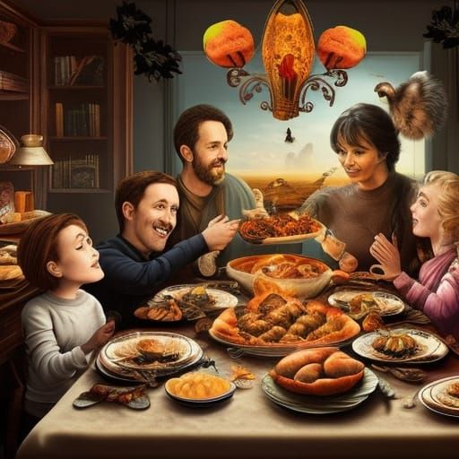 Thanksgiving Feast with Happy Family in Comic Style