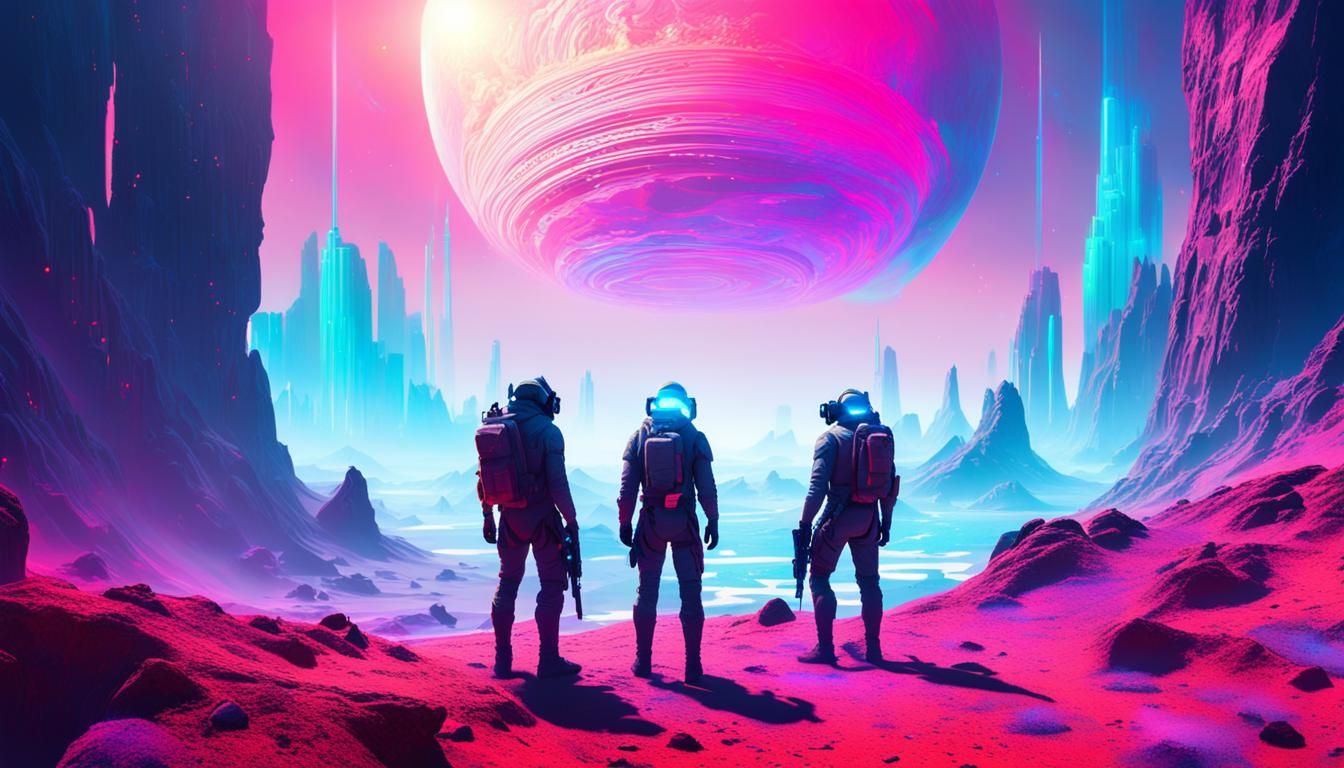 Futuristic Explorers in Holographic Landscape with Volumetri...