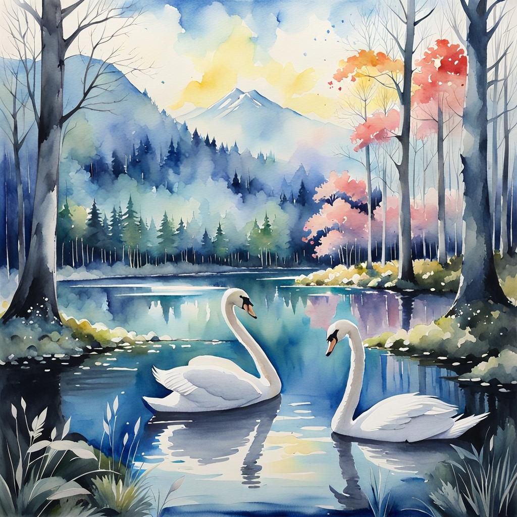Dreamy Watercolor Landscape of a Serene Forest Lake