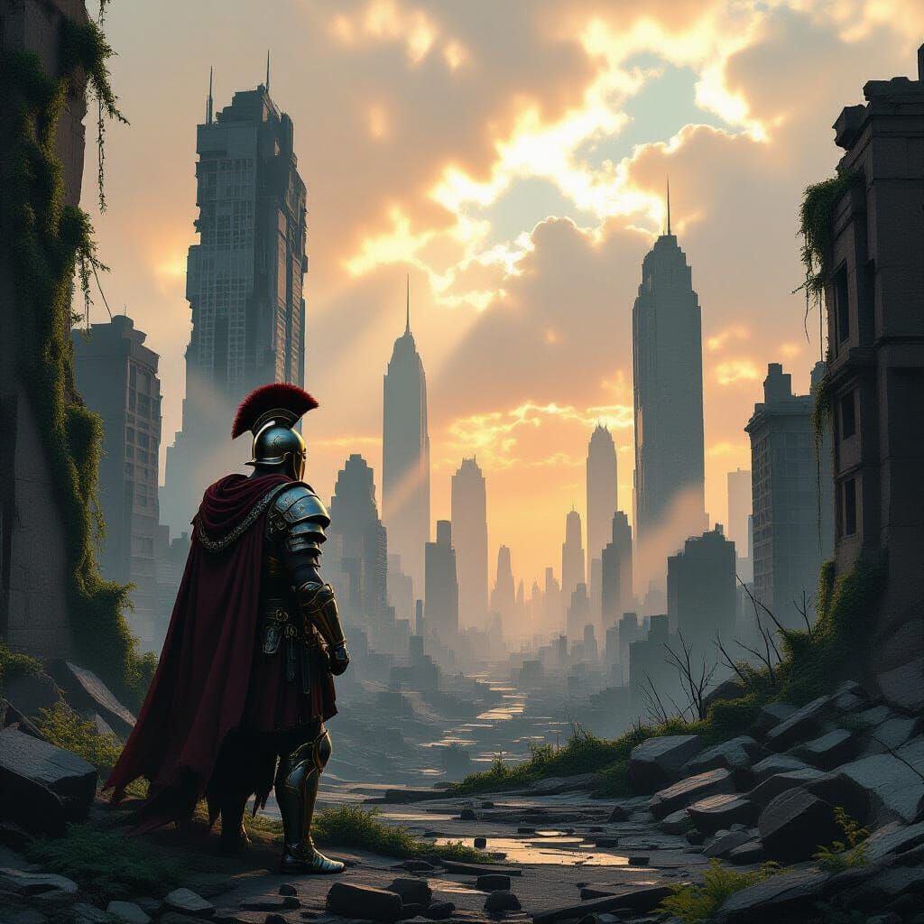 Futuristic Centurion in Nature-Reclaimed Ruins