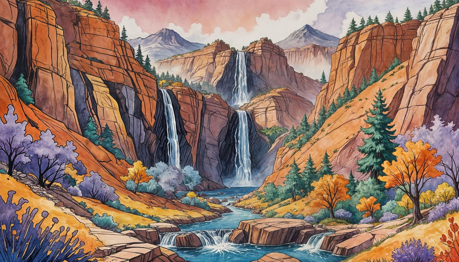 Watercolor Cartoon Landscape with Red Rocks