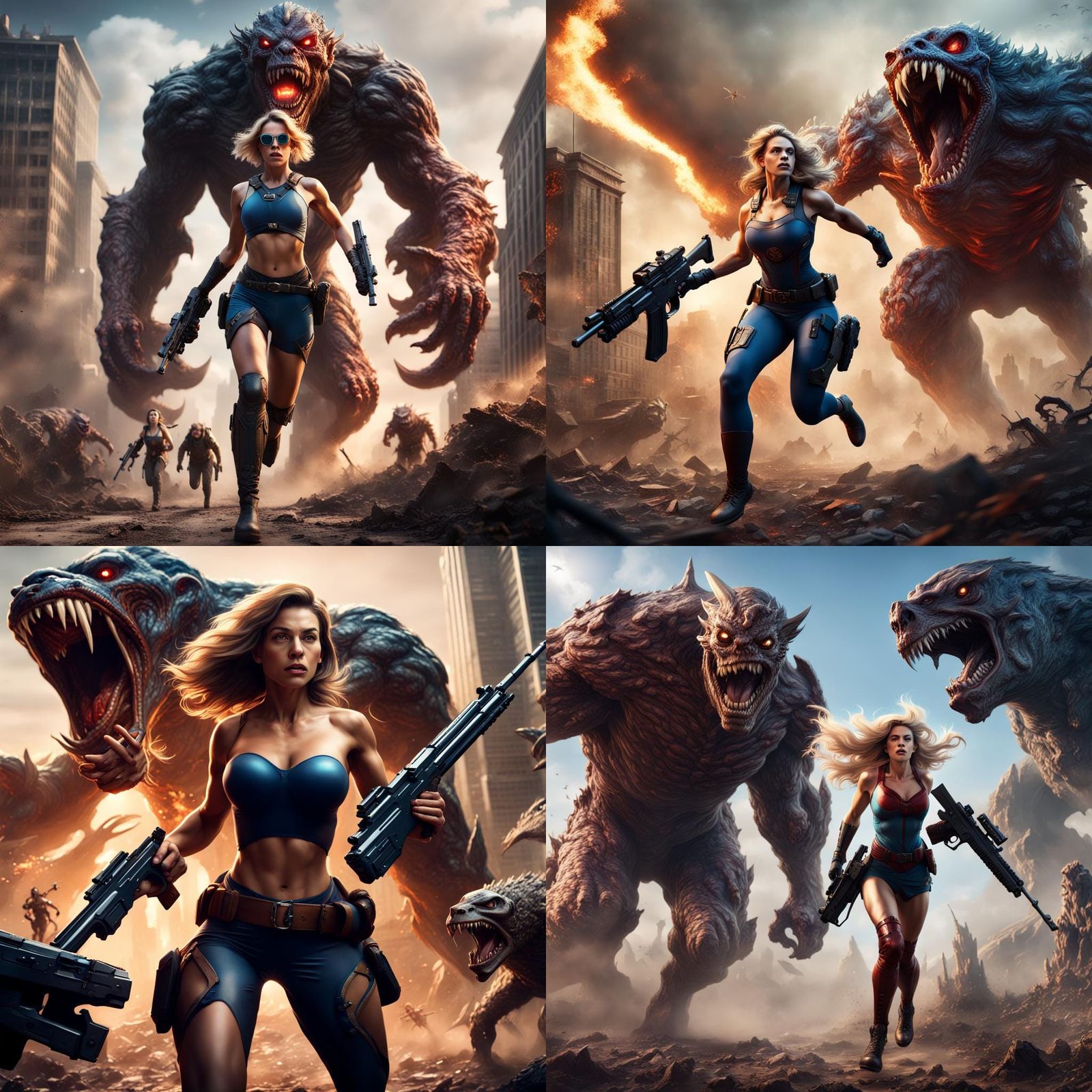 Superheroine Liberta Running from Giant Monsters