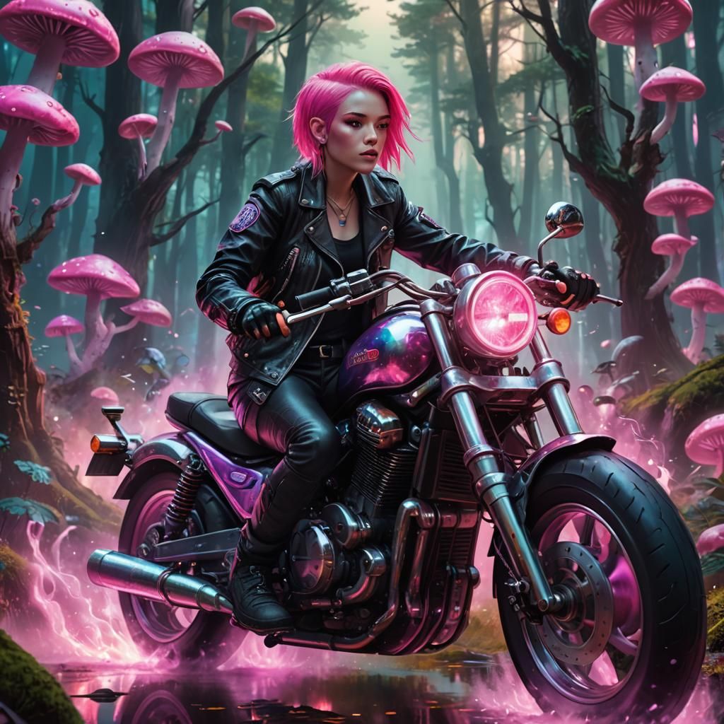 Iridescent Motorcycle Ride in Mystical Forest