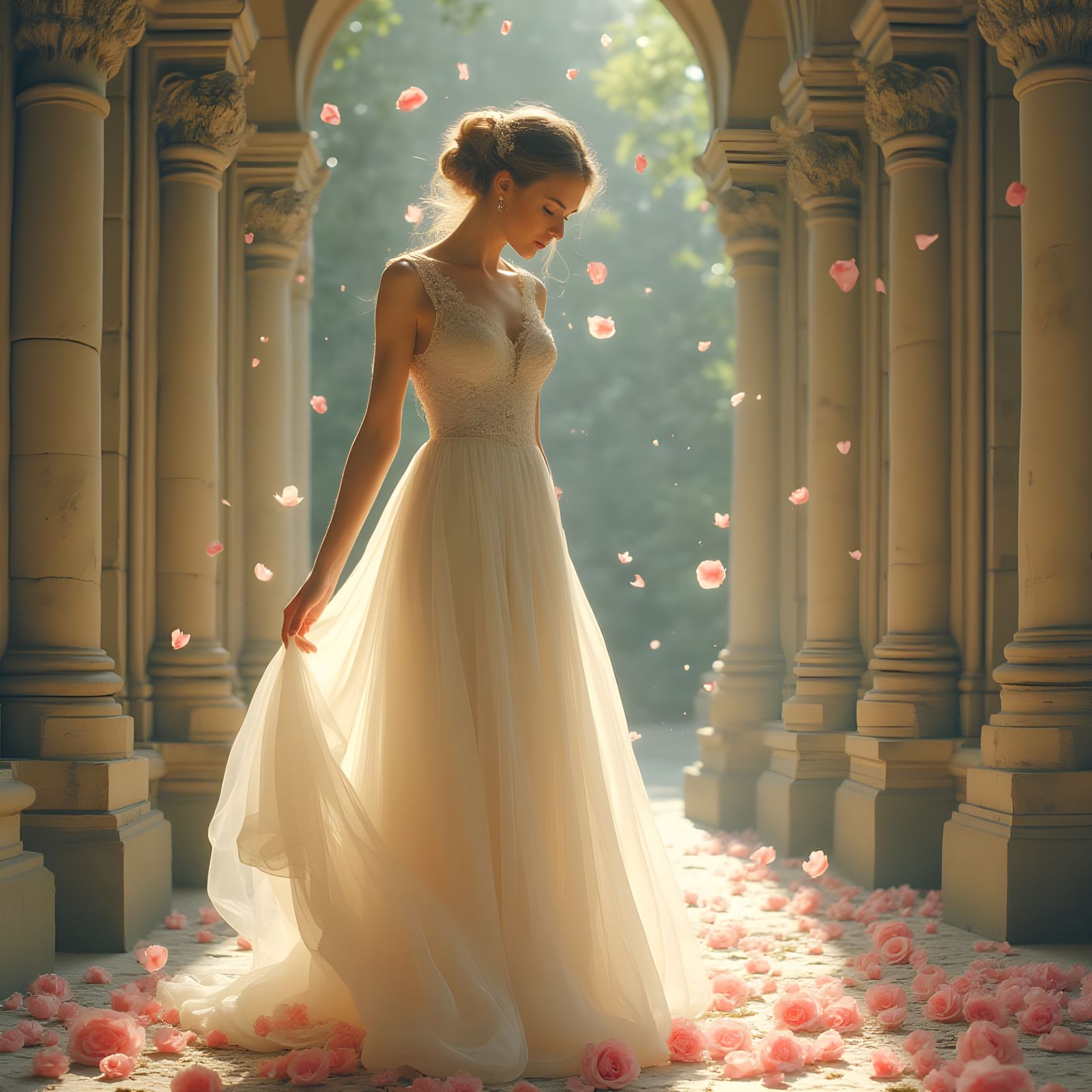 Whimsical Vintage Bride in Cathedral, Art Nouveau Watercolor