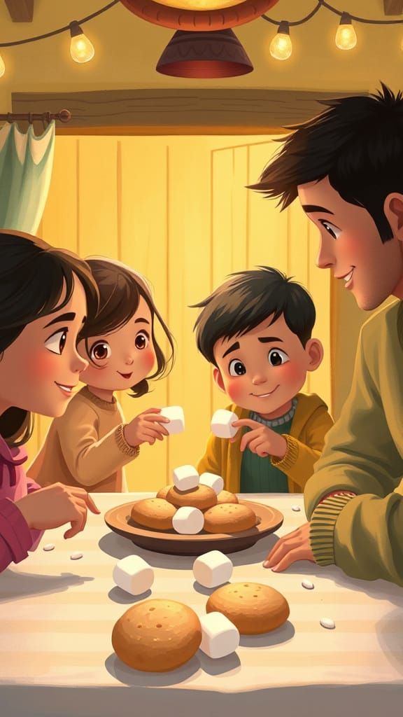 Family Marshmallow Feast in Cozy Cottage, Illustrated Style