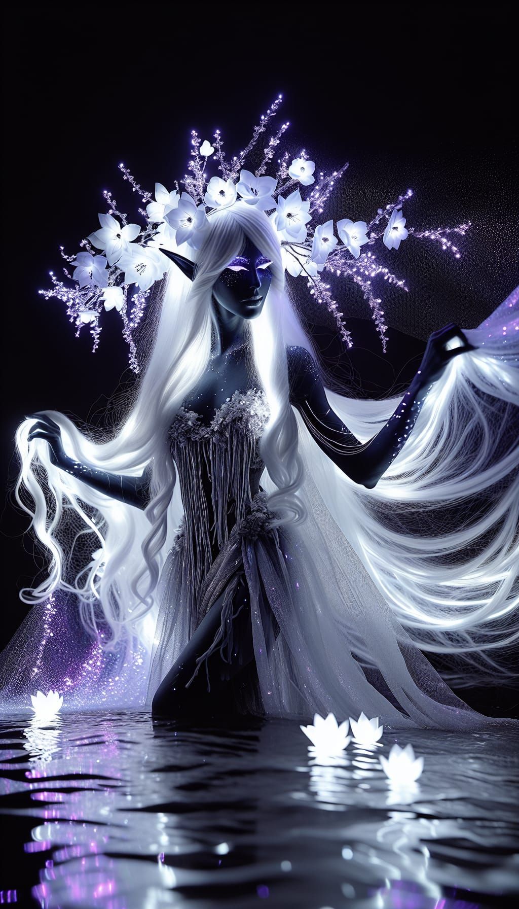 Drow Elf Goddess Walking on Water in Fantasy Style