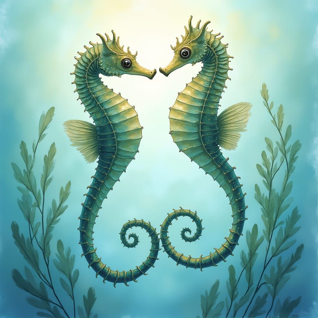 Turquoise Seahorses Dance in Sunlit Ocean