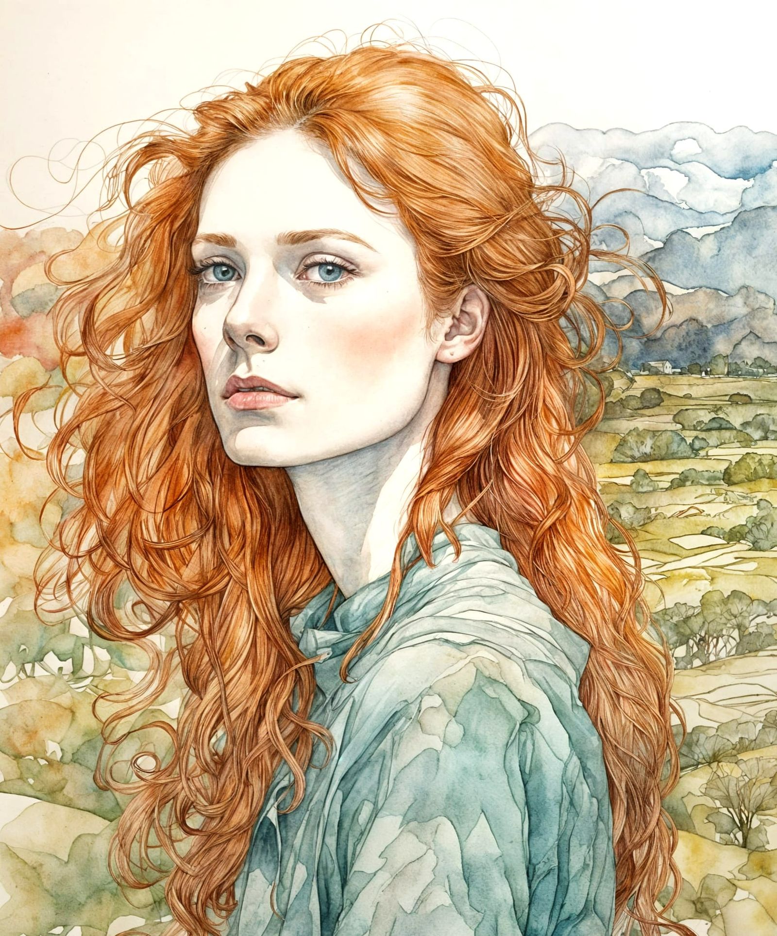 Gorgeous Redhead Portrait in Loose Watercolor Style