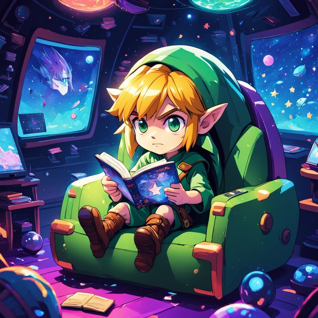 Chibi Link Relaxes in Spaceship Cabin in Anime Style