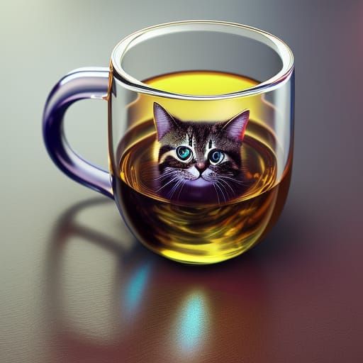 Cute cat in a glass tea-cup, photorealistic, intricate details, redshift render, 8k, by james jean, by artgerm and wlop,...