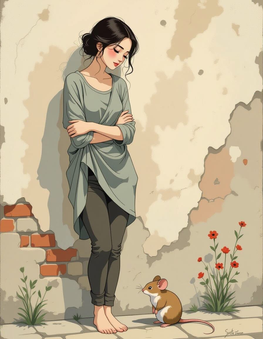 Shy Woman in Dreamy Brushwork Style