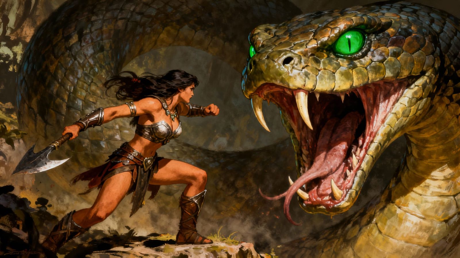 Barbarian Warrior Battles Giant Serpent