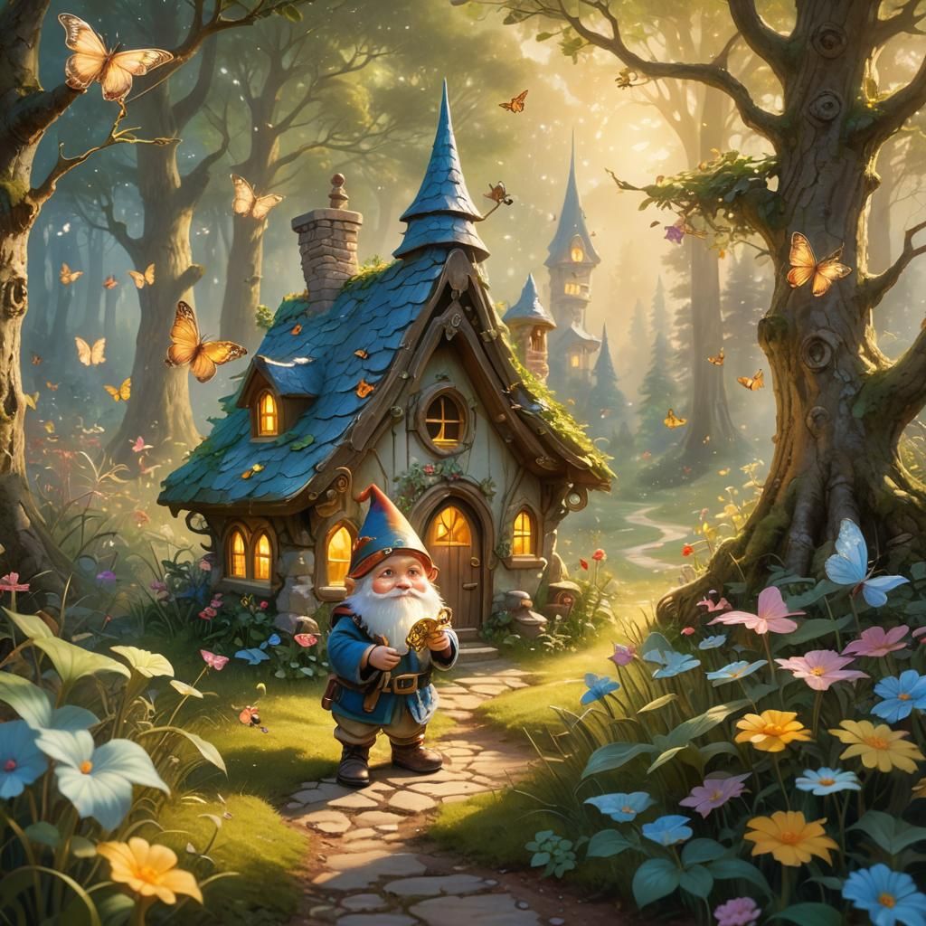 Gnome with Golden Key in Ethereal Forest