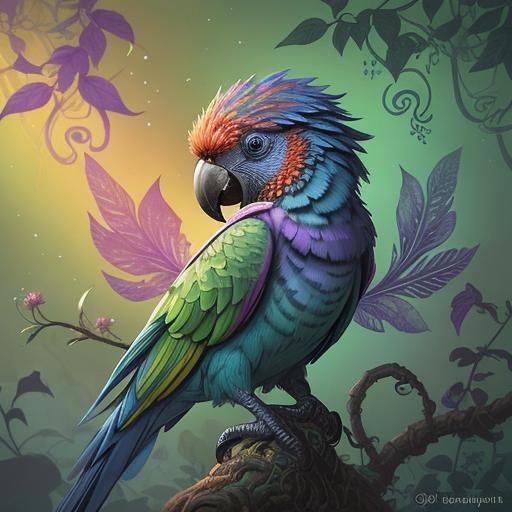 Solarpunk Parrot in Bioluminescent Garden: Ink Wash Painting