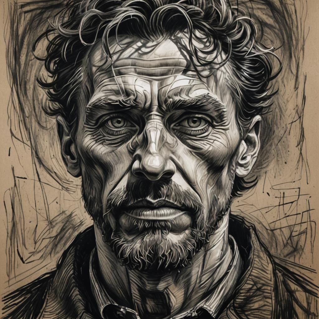 Charcoal Portrait of Scribble-Headed Person in Van Gogh Styl...