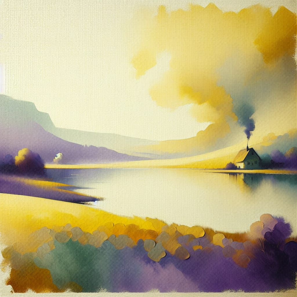 Watercolor Landscape with Cottage in Impressionistic Style