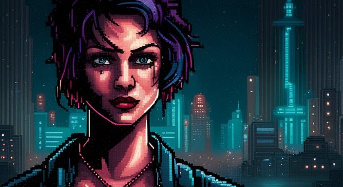 Cyberpunk Cyborg in Neon City: 16-bit Pixel Art