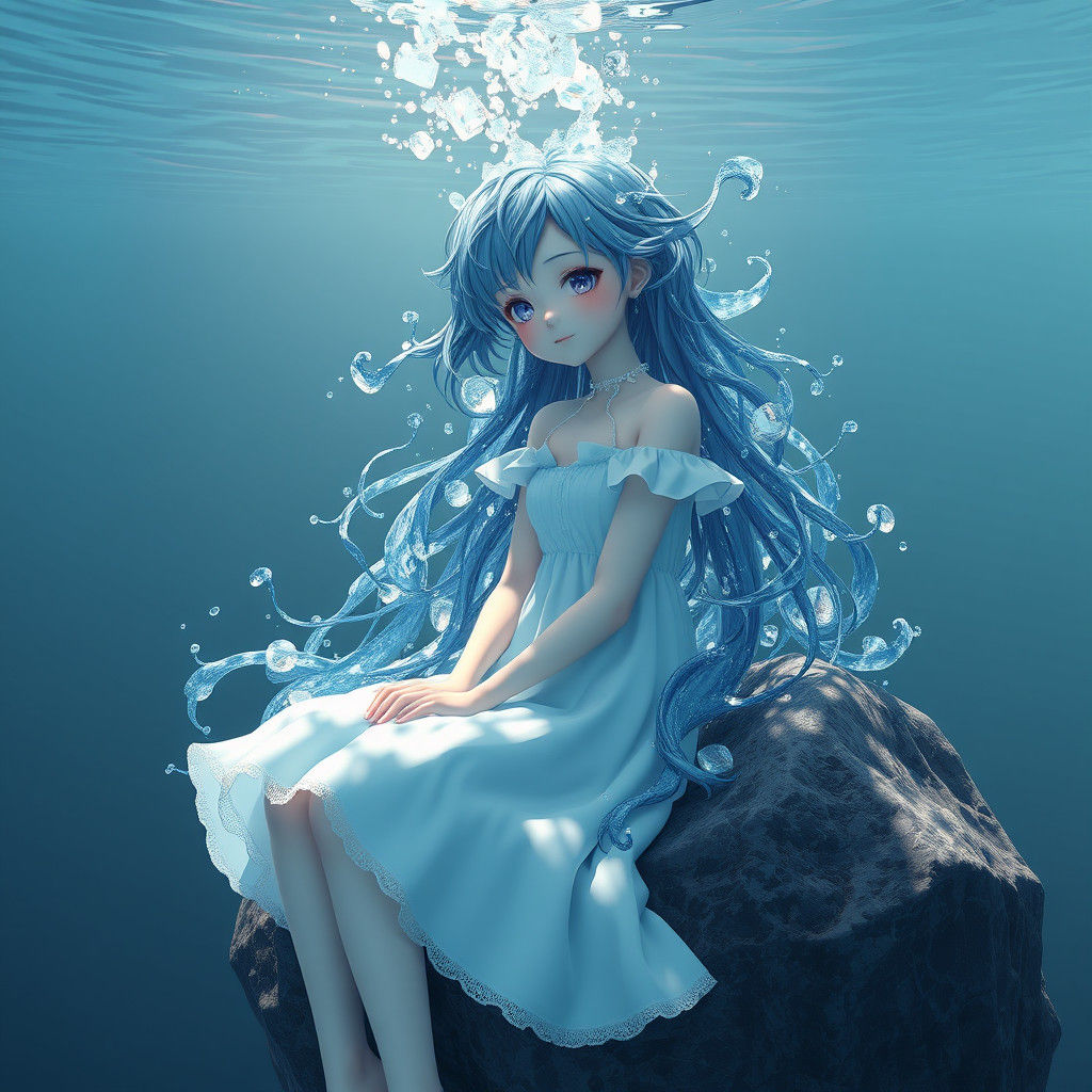 Anime Girl with Water Hair Underwater in 3D