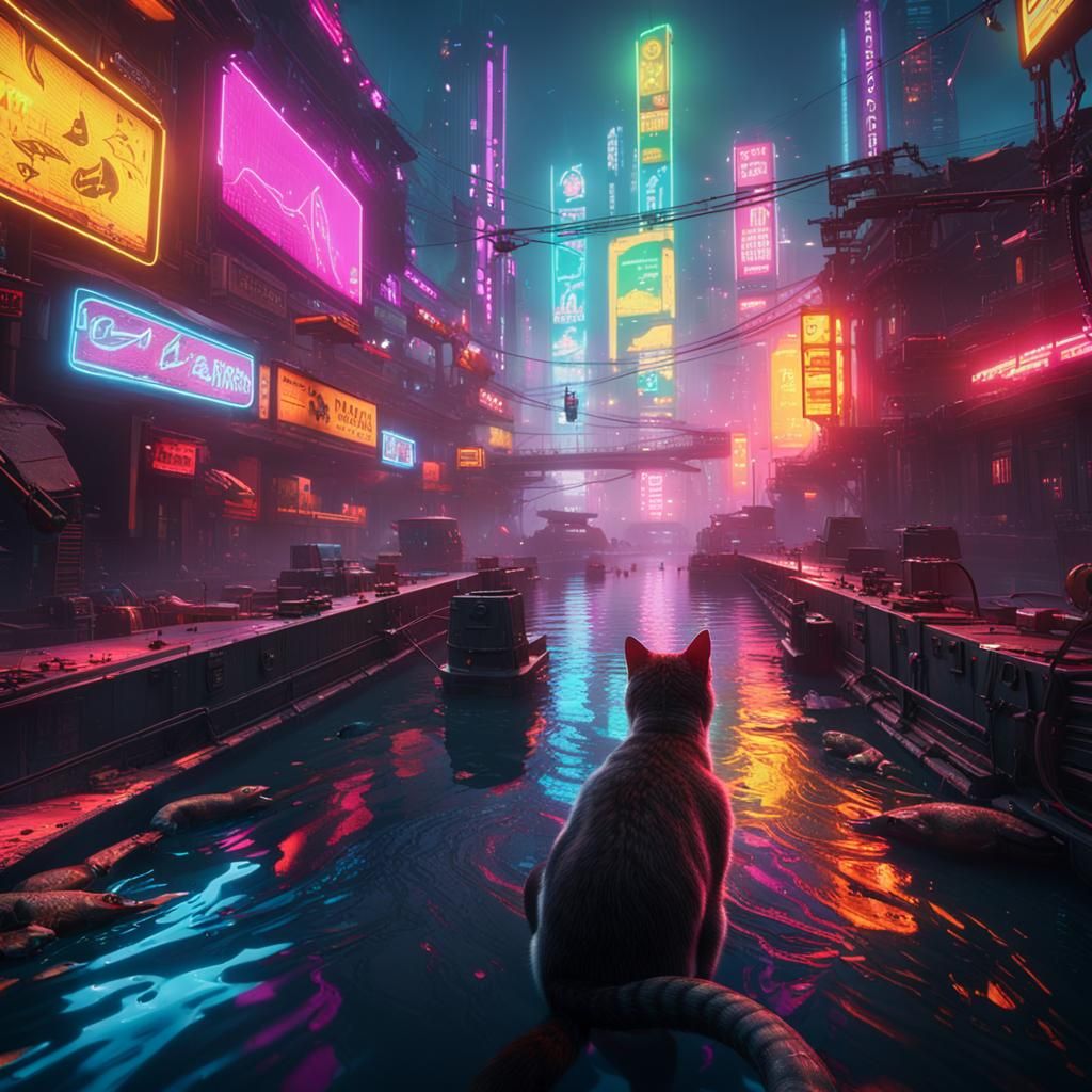 Cat and Snake's River Adventure in Cyberpunk Style