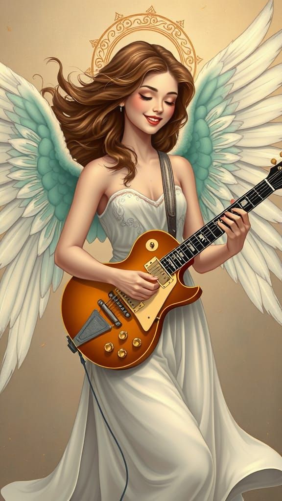 Smiling Angel Plays Guitar in Art Nouveau Style