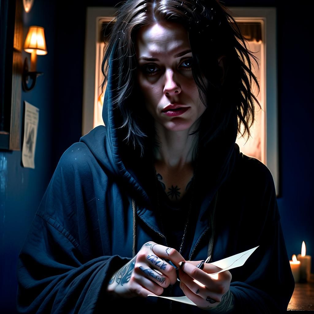 Dark Cloaked Figure Writing a Letter in Hyper-Realism