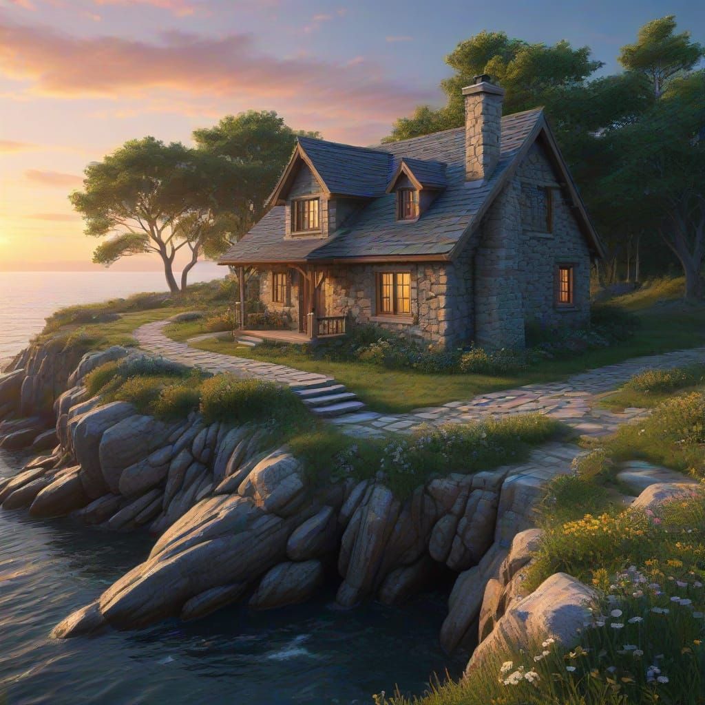 Stone and Wood Cottage at Dawn on a Scenic Promontory