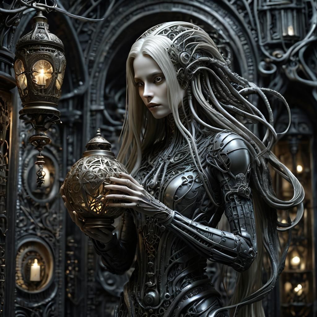 Biomechanical Woman with Lantern in Giger Style