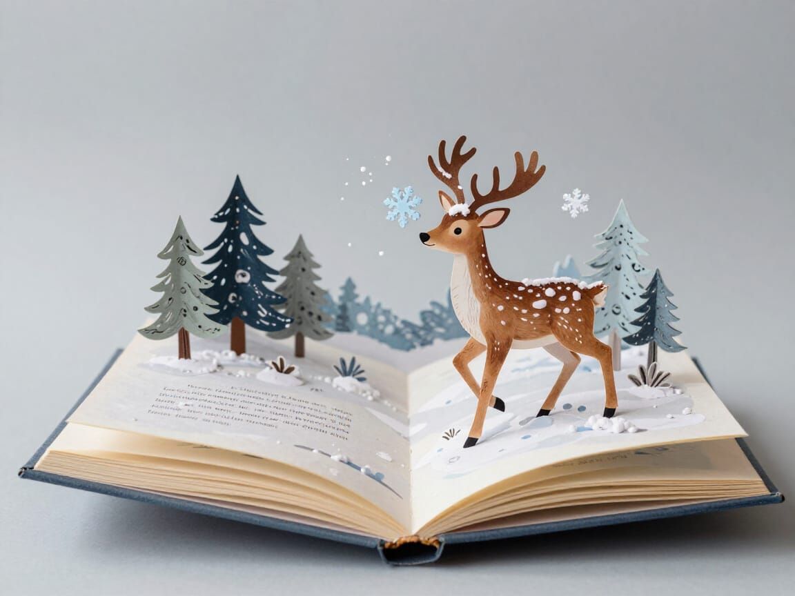 Adorable Pop-Up Book Scene of Deer in Snow